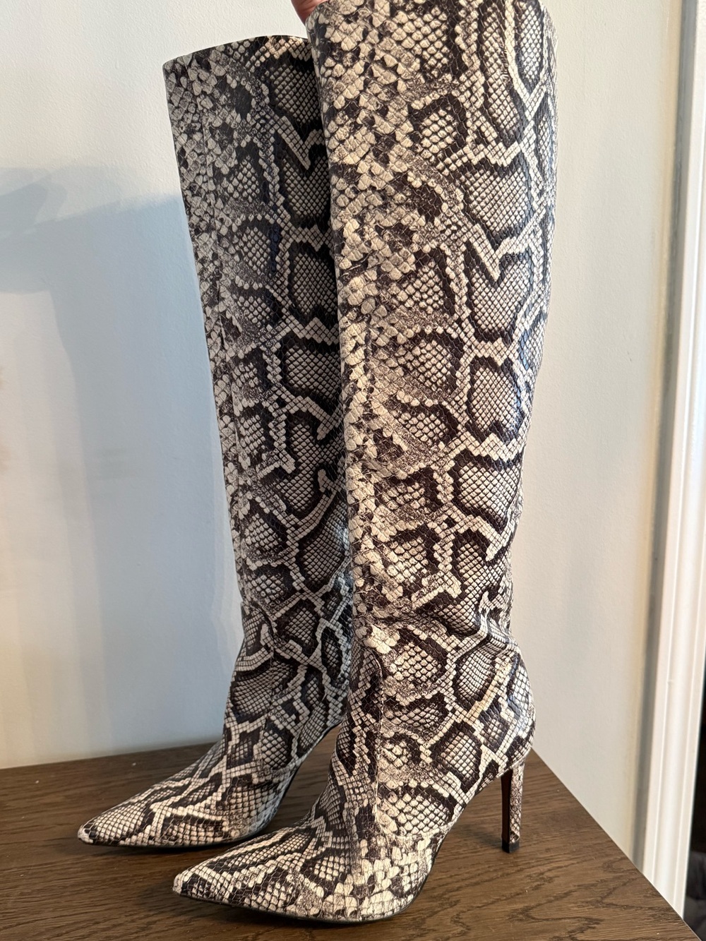 Snake-Print Knee-High Stiletto Boots - Picture 2 of 7